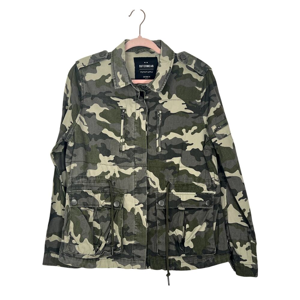 Cotton On Green Camo Long Sleeve Button Up Tie Waste Front Pockets Jacket Size 8